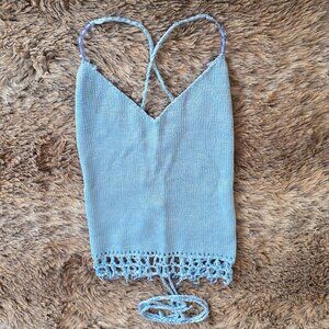 R. Federman handmade light blue knit lace-up halterctop S